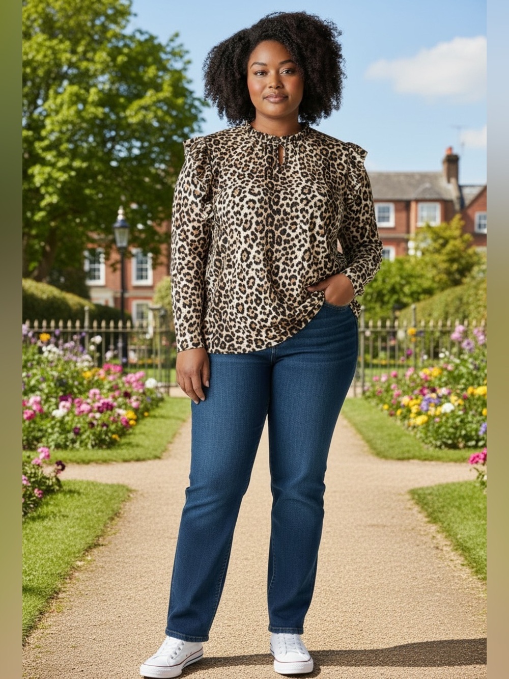 Hayden Top XL Leopard Ruffle Shoulder Long Sleeve Cream, Black & Brown Animal